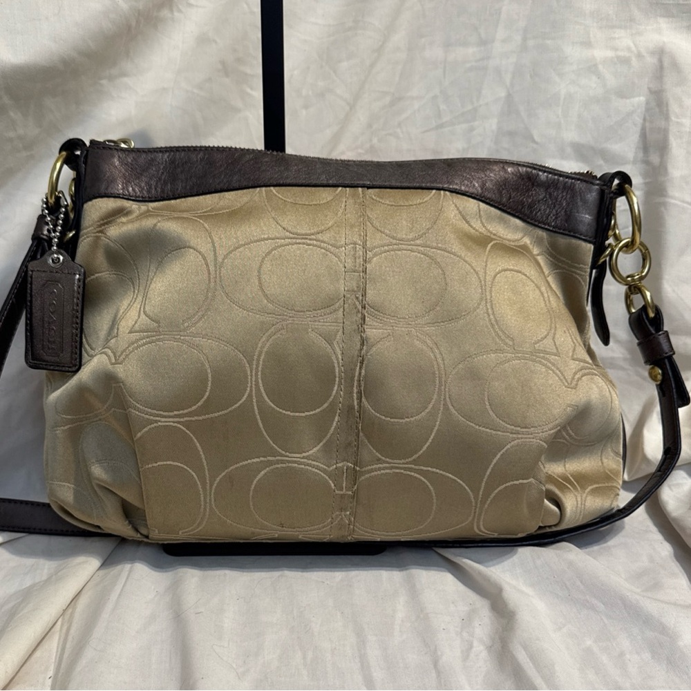 Coach Mia Tan Sig C and Dark Brown Metallic Leather Trim Crossbody Bag Adj Strap